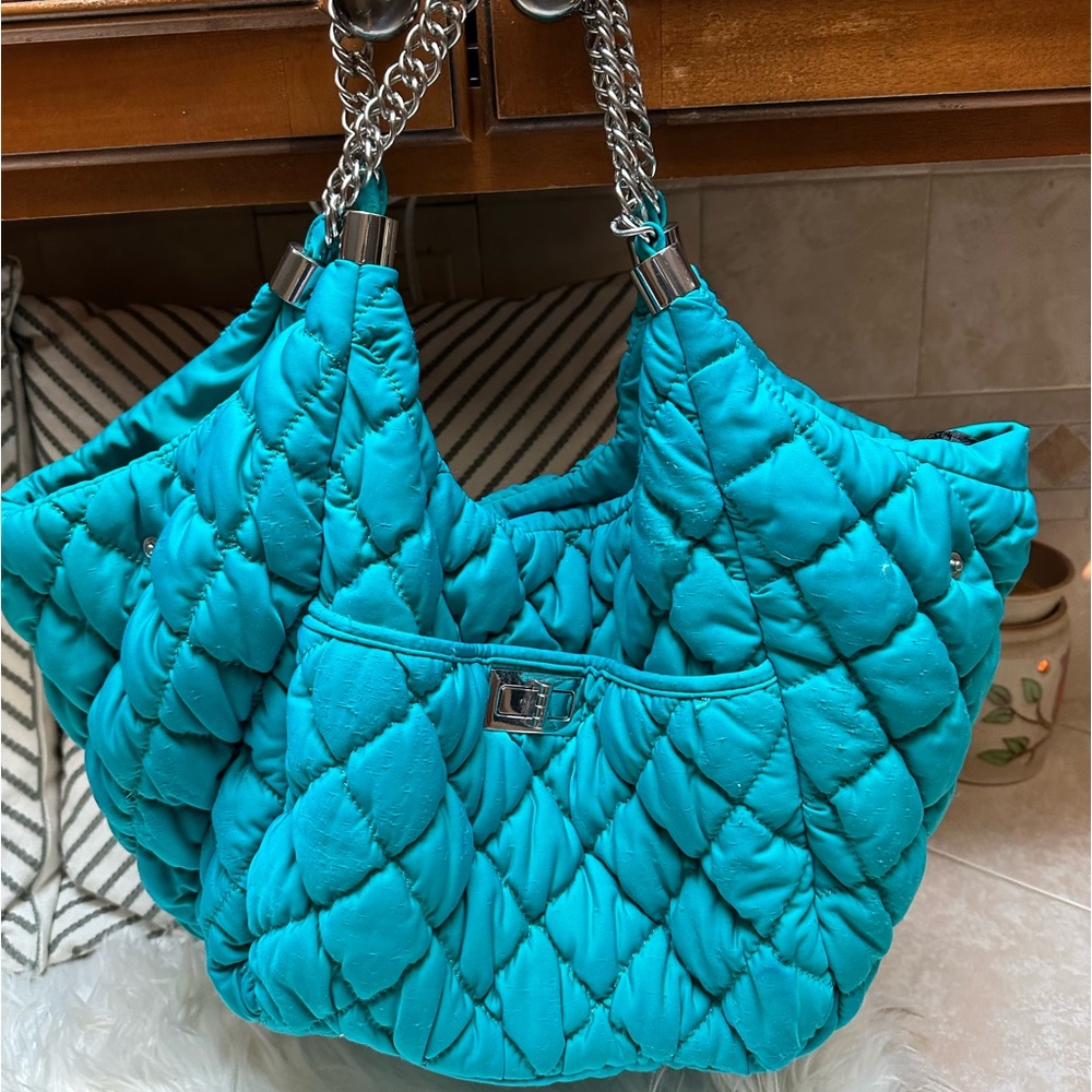Bcbgeneration Teal Quilted Large Bag with Silver Chain Straps Bag